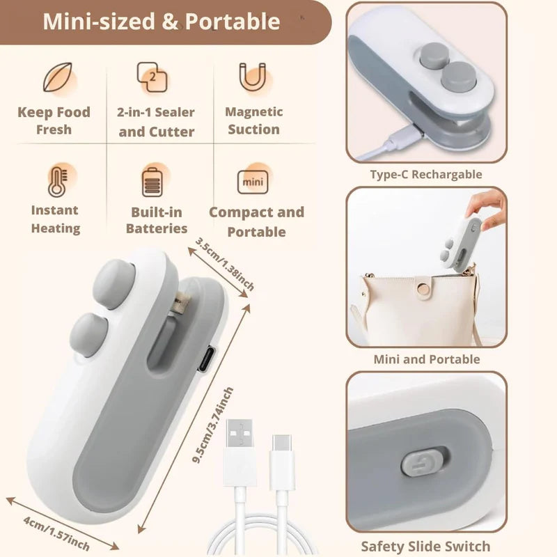 Sealy: 2-in-1 Mini Bag Sealer & Cutter, USB-C Rechargeable Portable Handheld Food Storage Sealing Machine for Snacks, Chips & Plastic Packets
